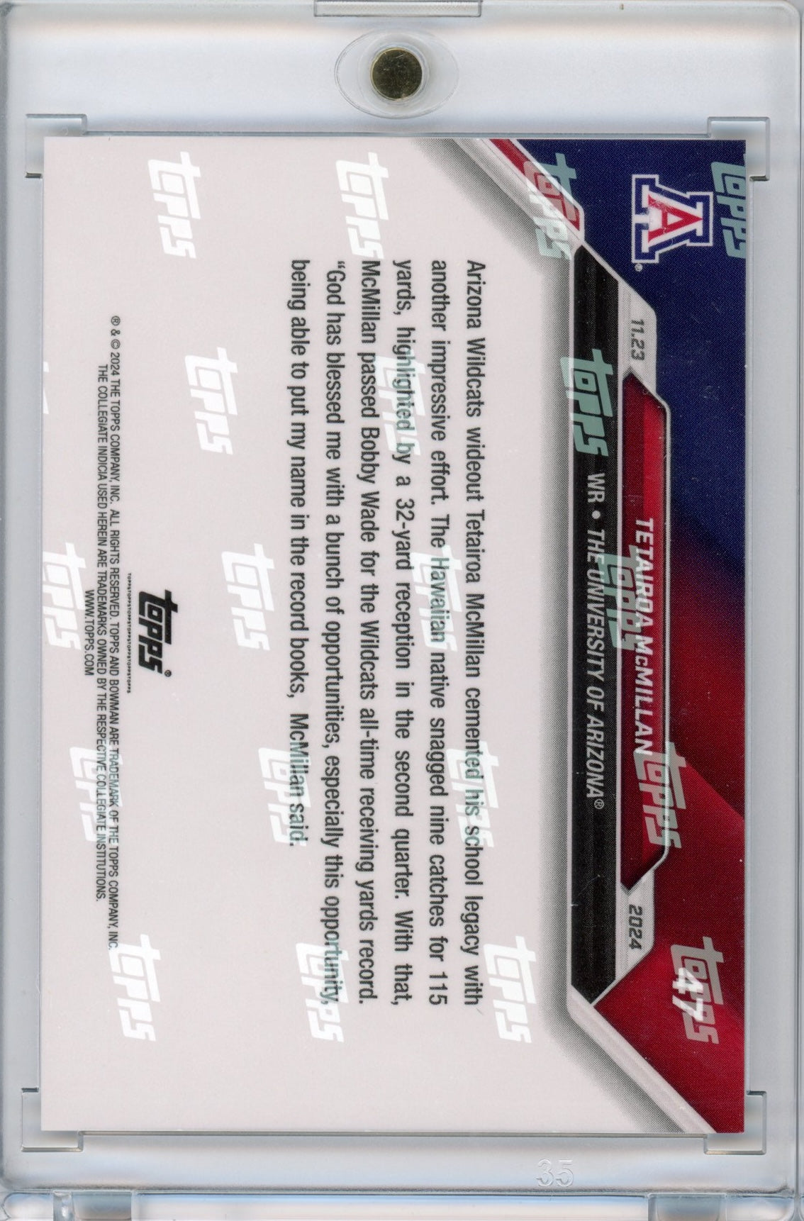 2024 Topps Bowman U Now Tetairoa McMillan #47 Blue #/49 Arizona Wildcats Football Card