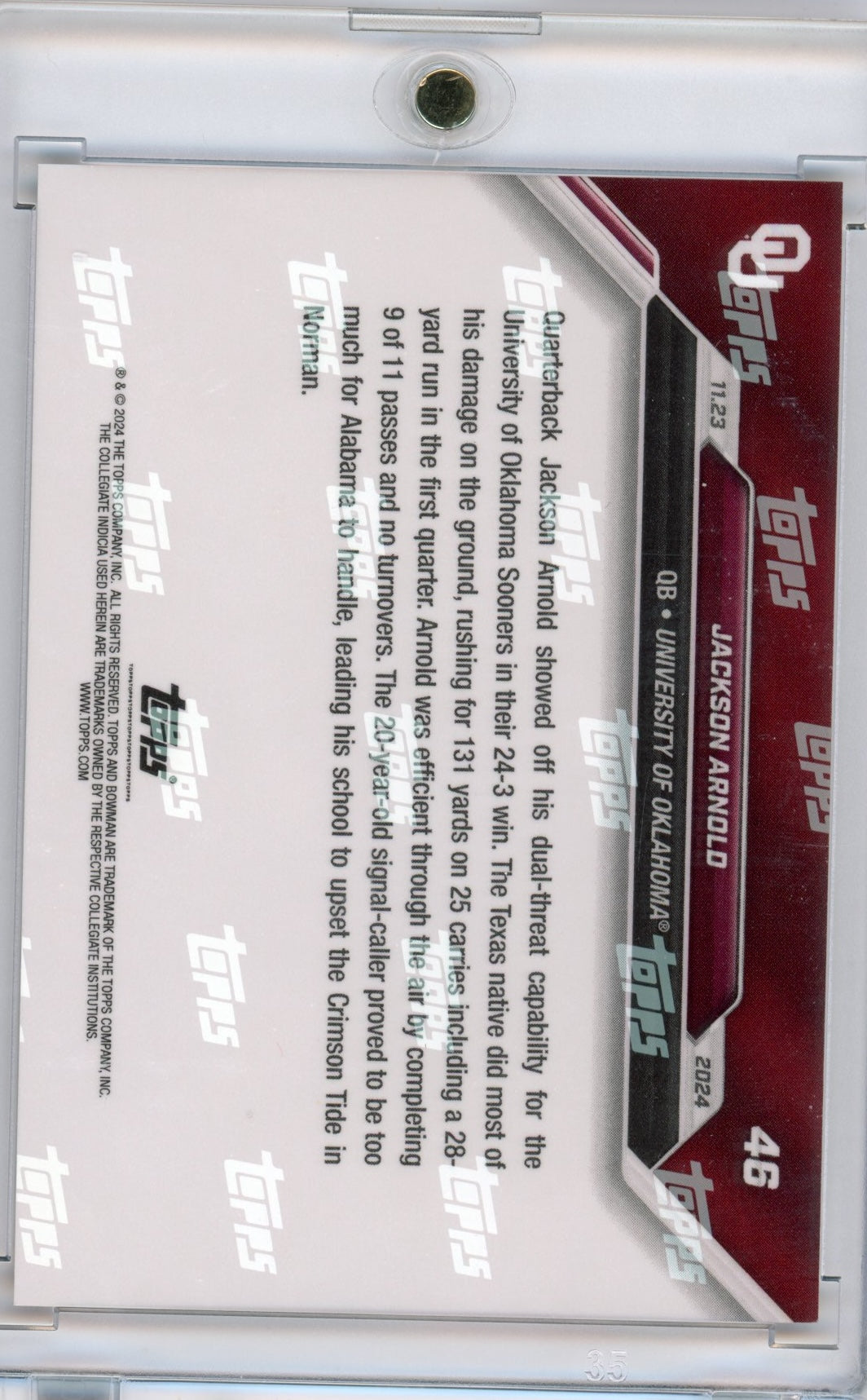 2024 Topps Bowman U Now Jackson Arnold #46 Red #/10 Oklahoma Sooners Rookie RC Football Card