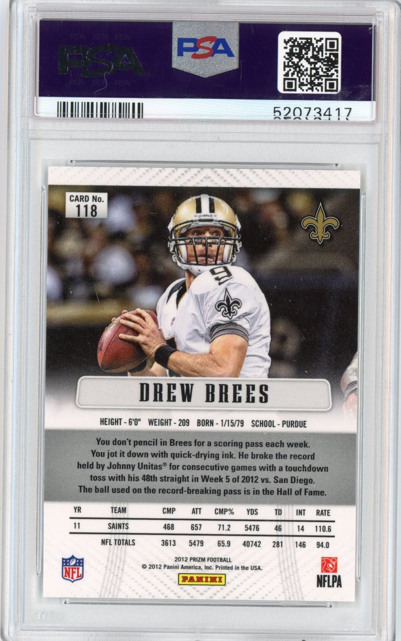 Graded 2012 Panini Prizm Drew Brees #118 Football Card PSA 10 Gem Mint