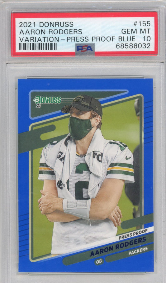 Graded 2021 Panini Donruss Aaron Rodgers #155 Variation Press Proof Blue Football Card PSA 10 Gem Mint