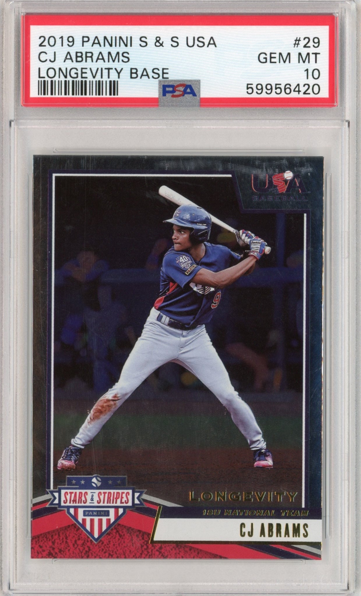 Graded 2019 Panini Stars & Stripes USA CJ Abrams #29 Longevity Base Rookie RC Baseball Card PSA 10 Gem Mint