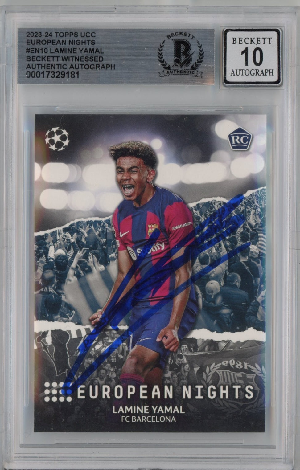 Graded 2023-24 Topps UCC Lamine Yamal #EN10 European Nights Signed Rookie RC Soccer Card Beckett BAS BGS Auto 10