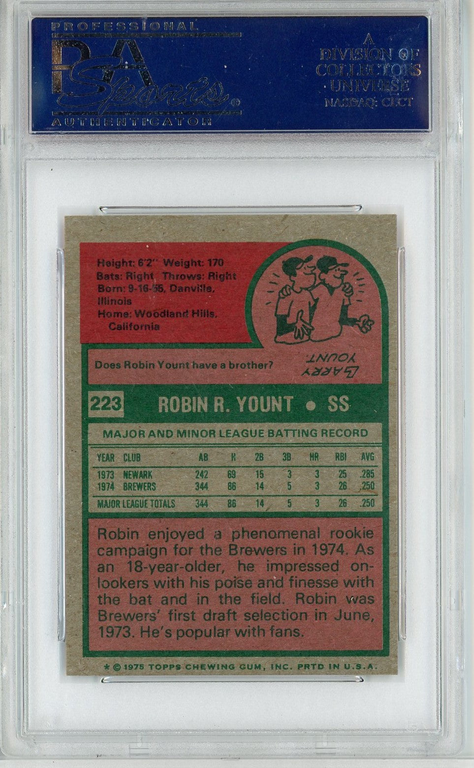 Graded 1975 Topps Mini Robin Yount #223 Rookie RC Baseball Card PSA 8 NM-MT