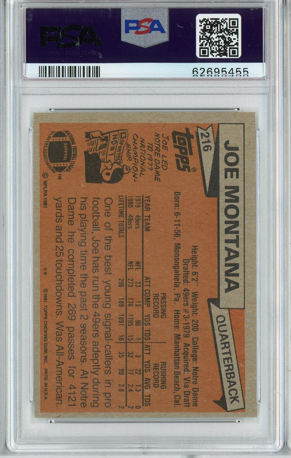 Graded 1981 Topps Joe Montana #216 Rookie RC Football Card PSA 7 Near Mint