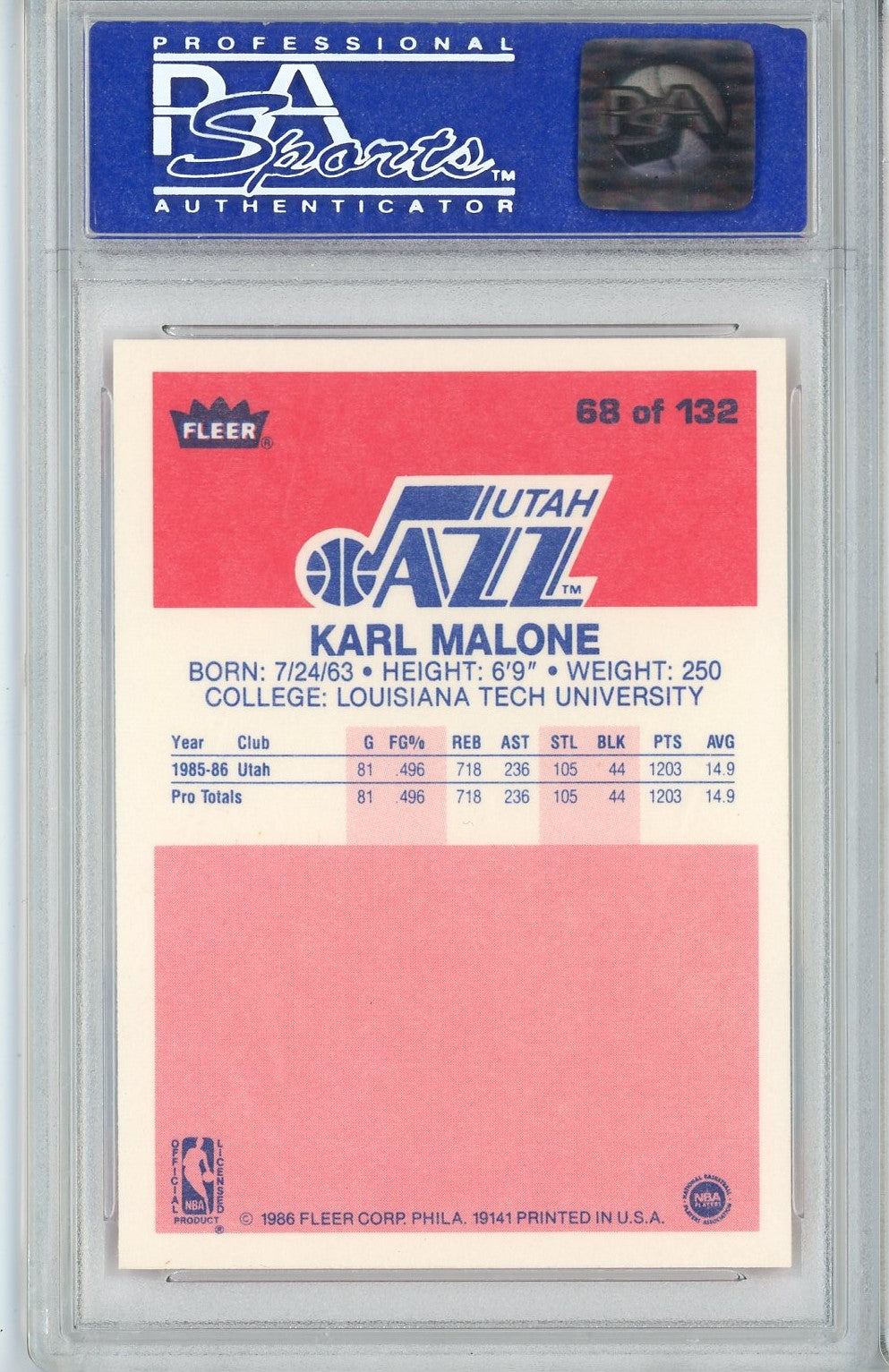 Graded 1986 Fleer Karl Malone #68 Rookie RC Basketball Card PSA 8 NM-MT