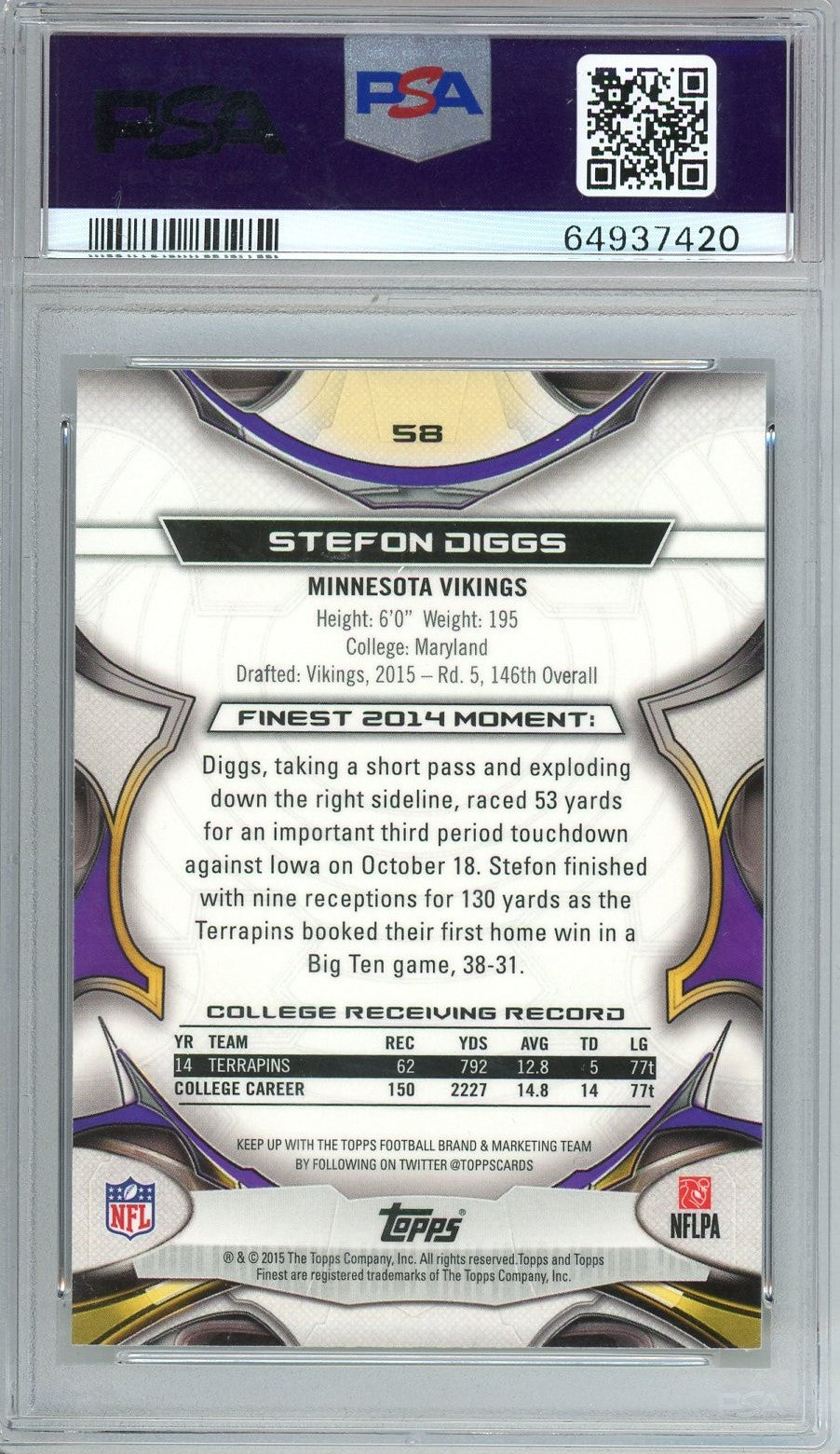 Graded 2015 Topps Finest Stefon Diggs #58 Xfractor Rookie RC Football Card PSA 10 Gem Mint