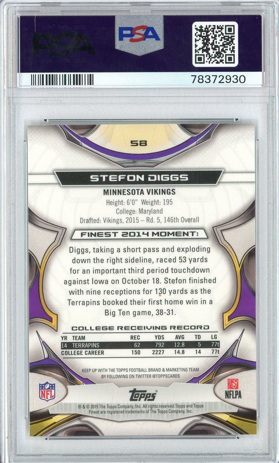 Graded 2015 Topps Finest Stefon Diggs #58 Refractor Rookie RC Football Card PSA 10 Gem Mint