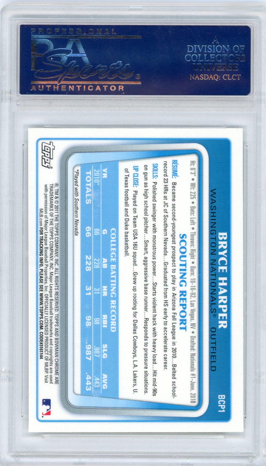 Graded 2011 Bowman Chrome Prospects Bryce Harper #BCP1 Rookie RC Baseball Card PSA 10 Gem Mint