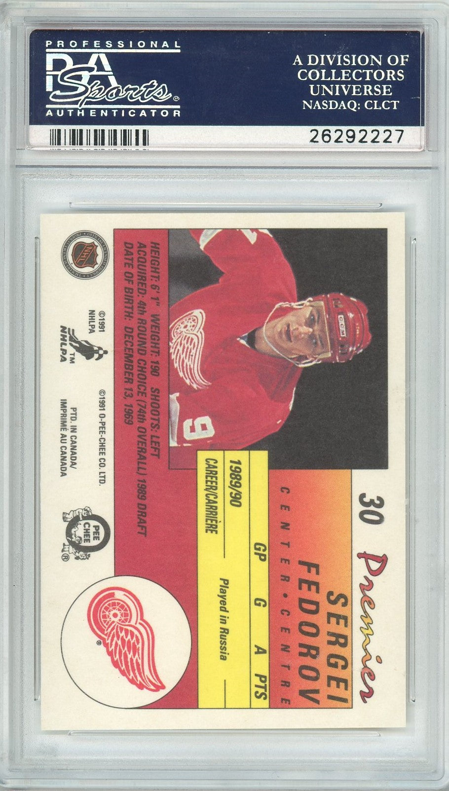 Graded 1990-91 O-Pee-Chee OPC Premier Sergei Fedorov #30 Rookie RC Hockey Card PSA 10 Gem Mint