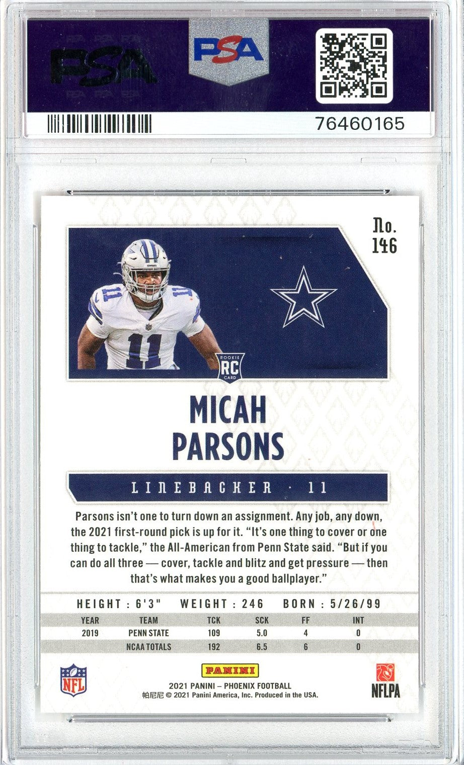 Graded 2021 Phoenix Micah Parsons #146 Fire Burst Rookie RC Football Card PSA 10 Gem Mint