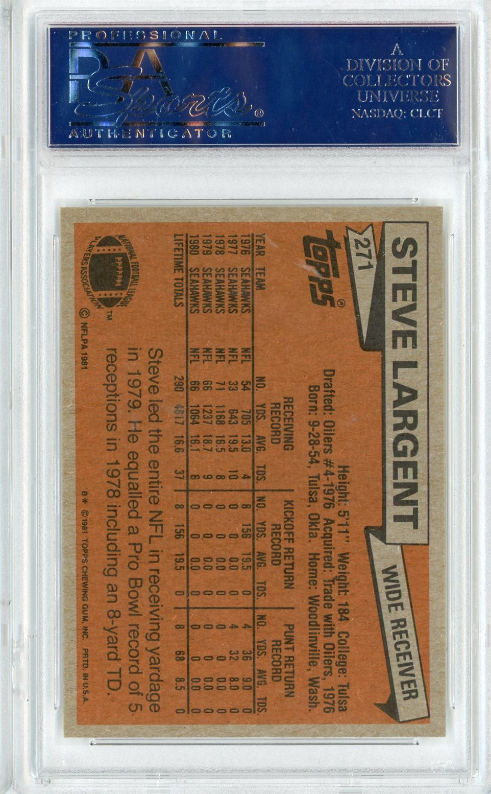 Graded 1981 Topps Steve Largent #271 Football Card PSA 9 Mint