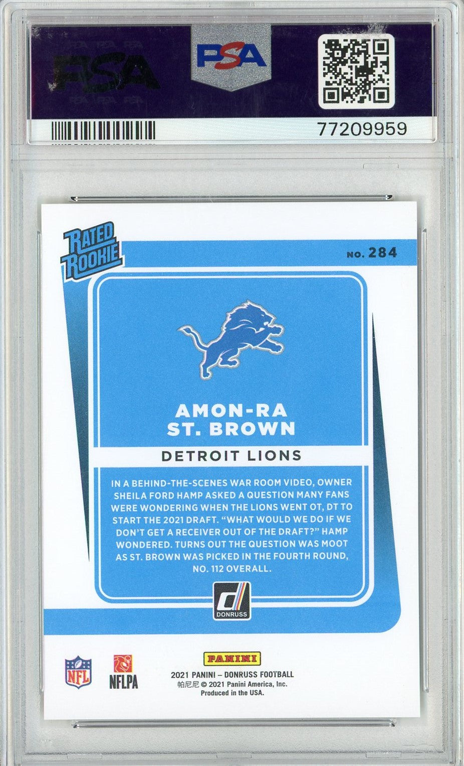 Graded 2021 Panini Donruss Amon-Ra St. Brown #284 Press Proof Premium Rookie RC Football Card PSA 10 Gem Mint