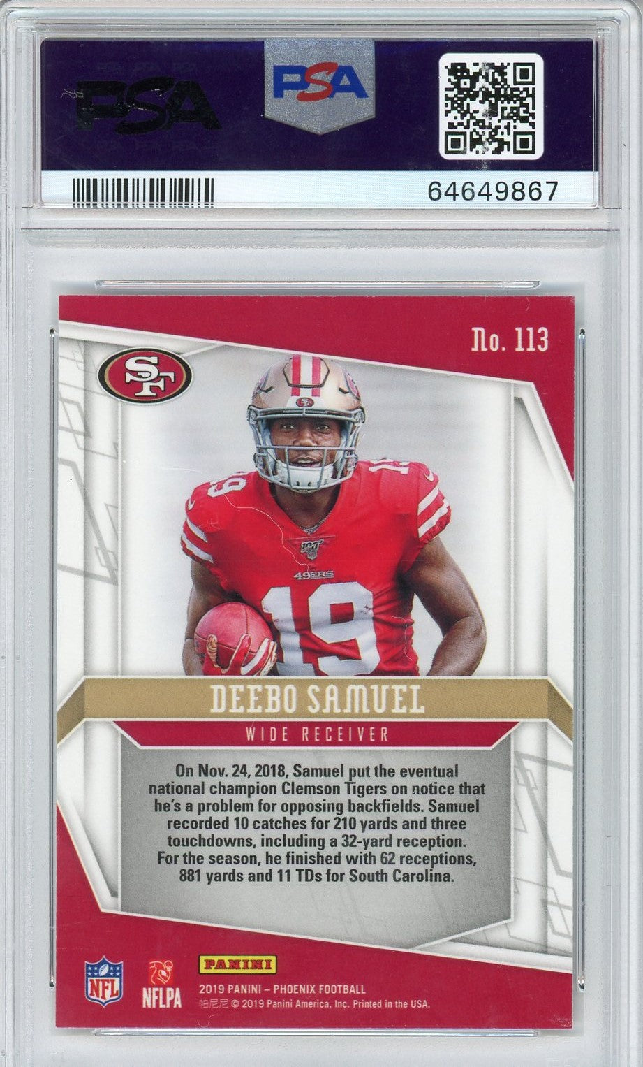 Graded 2019 Panini Phoenix Deebo Samuel #113 Rookie RC Football Card PSA 10 Gem Mint