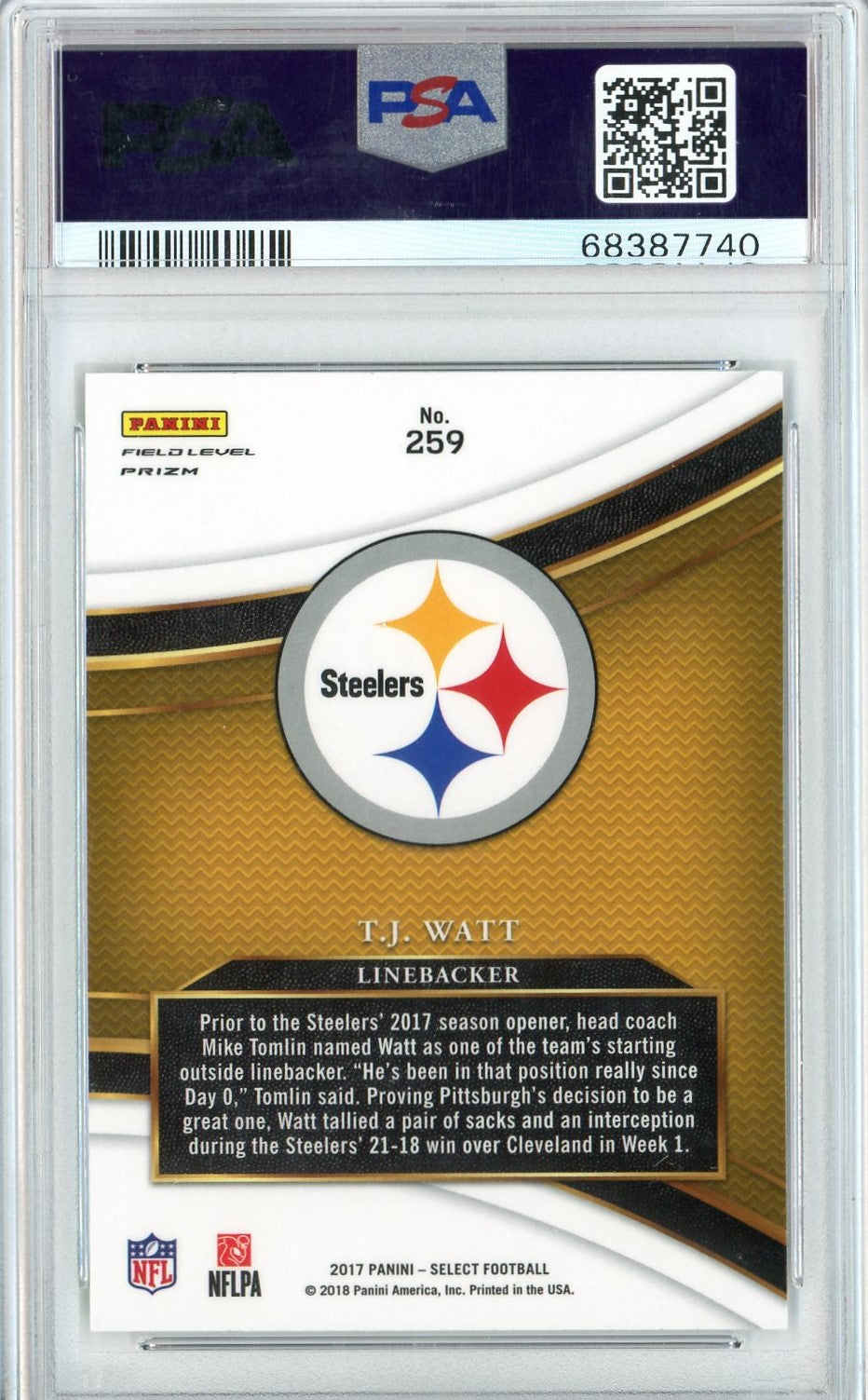 Graded 2017 Panini Select TJ Watt #259 Rookie RC Football Card PSA 10 Gem Mint