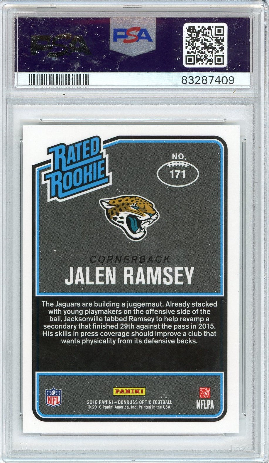 Graded 2016 Panini Donruss Optic Jalen Ramsey #171 Holo Rookie RC Football Card PSA 10 Gem Mint - Sport Cards