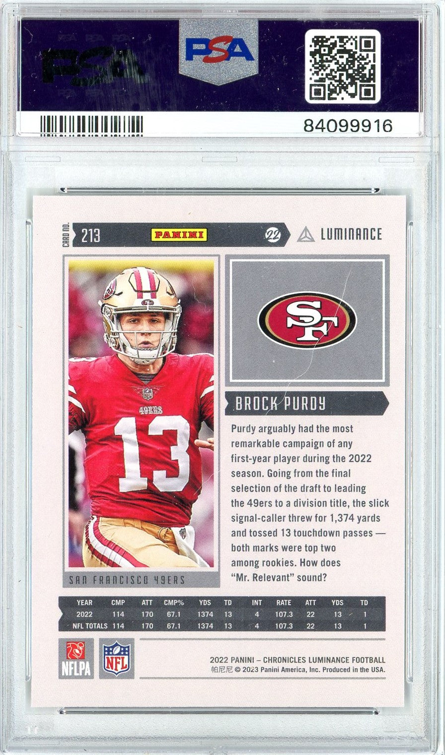 Graded 2022 Panini Chronicles Brock Purdy #213 Luminance Update Rookies Rookie RC Football Card PSA 10 Gem Mint