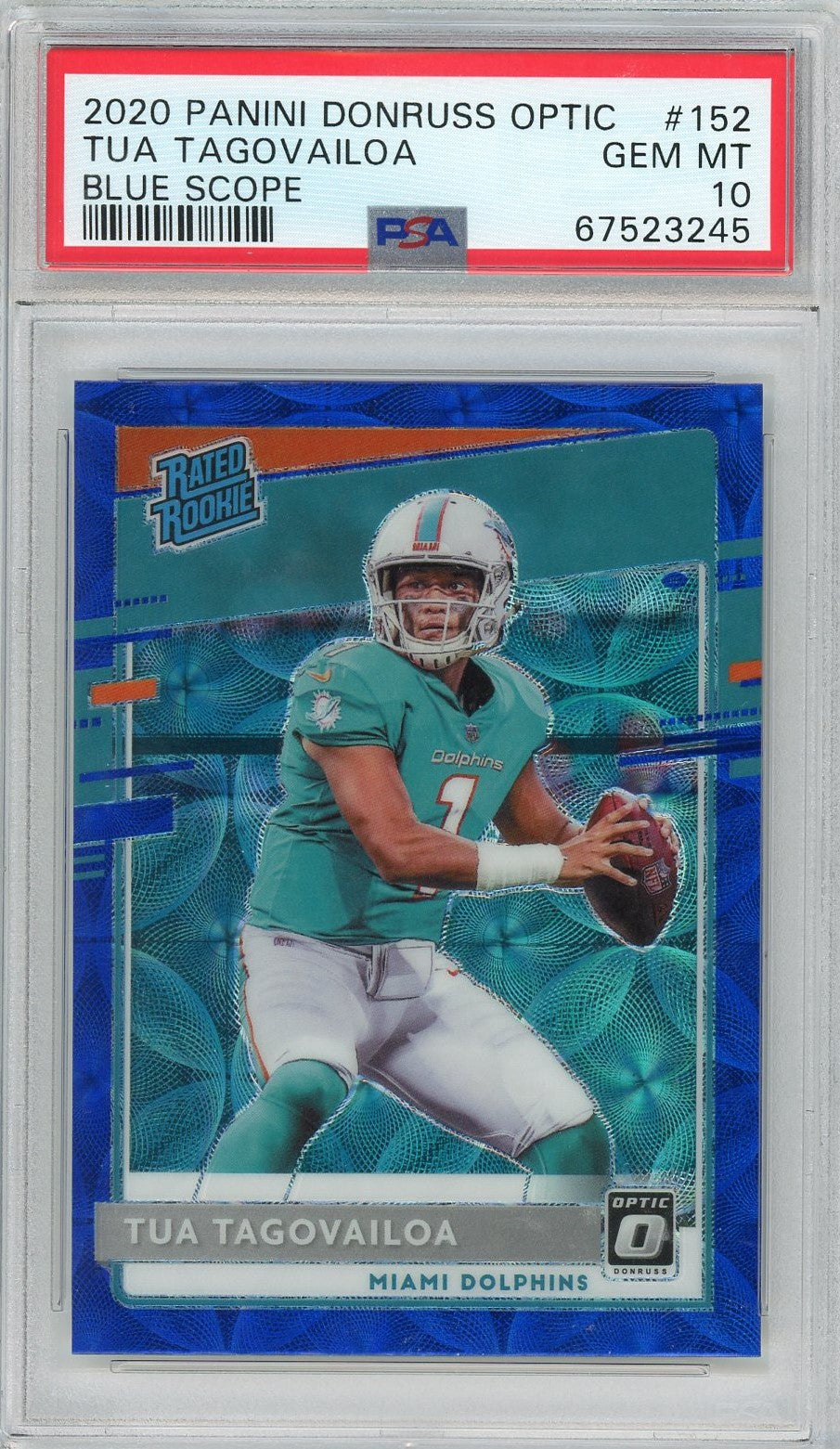 Graded 2020 Panini Donruss Optic Tua Tagovailoa #152 Blue Scope Rookie RC Football Card PSA 10 Gem Mint