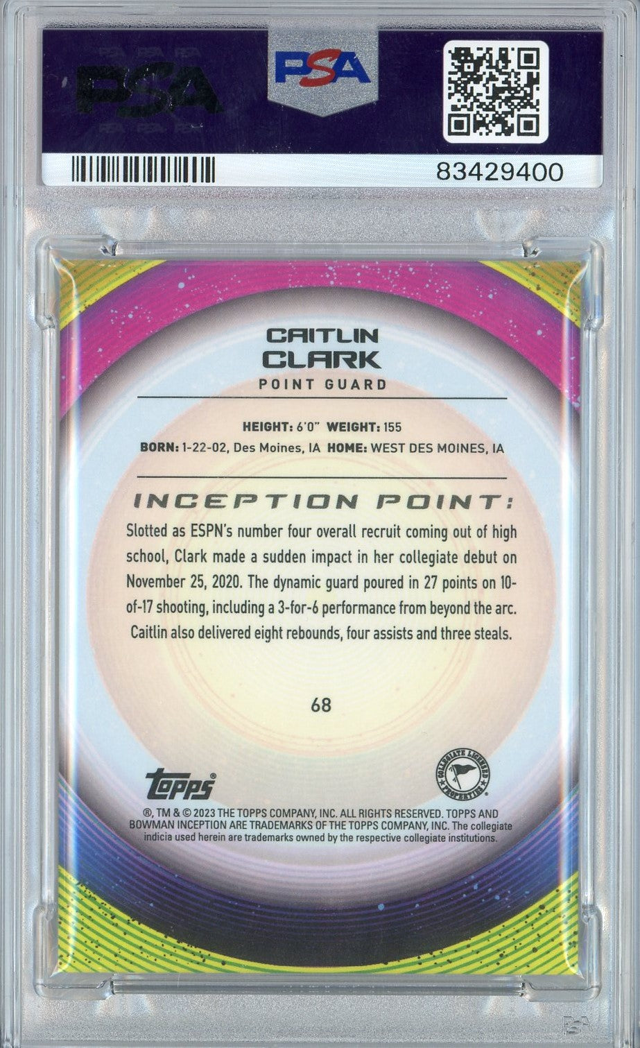 Graded 2022 Topps Bowman U Inception Caitlin Clark #68 Rookie RC Basketball Card PSA 10 Gem Mint