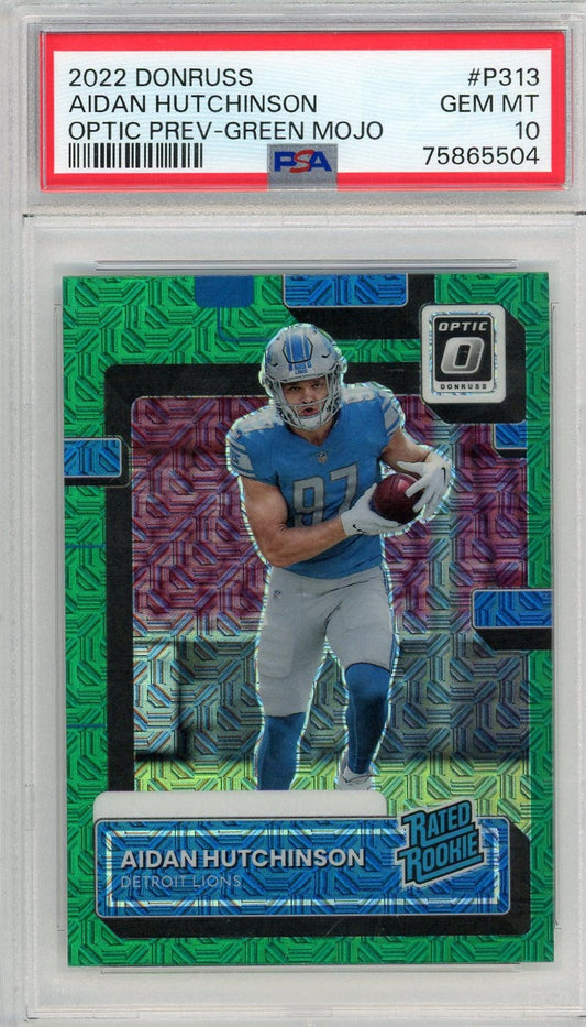 Graded 2022 Panini Donruss Aidan Hutchinson #P313 Optic Green Mojo Rookie RC Football Card PSA 10 Gem Mint