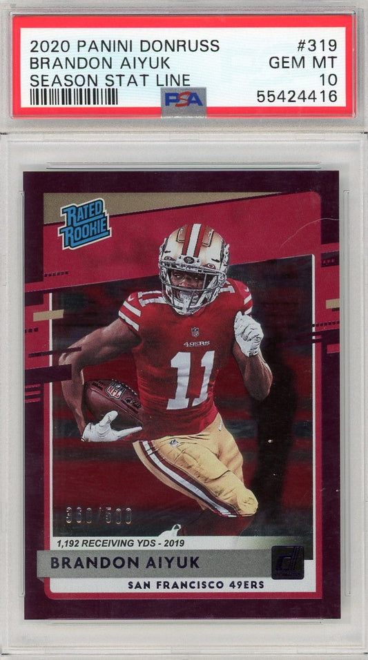 Graded 2020 Panini Donruss Brandon Aiyuk #319 Season Stat Line Rookie Rc Football Card PSA 10 Gem Mint