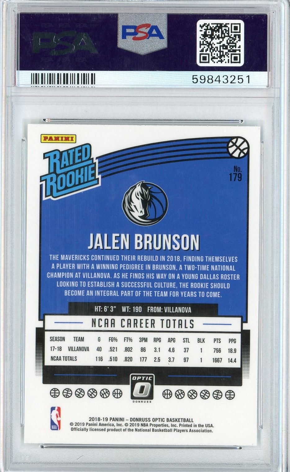 Graded 2018 Panini Donruss Optic Jalen Brunson #179 Rookie RC Basketball Card PSA 10 Gem Mint - Sport Cards