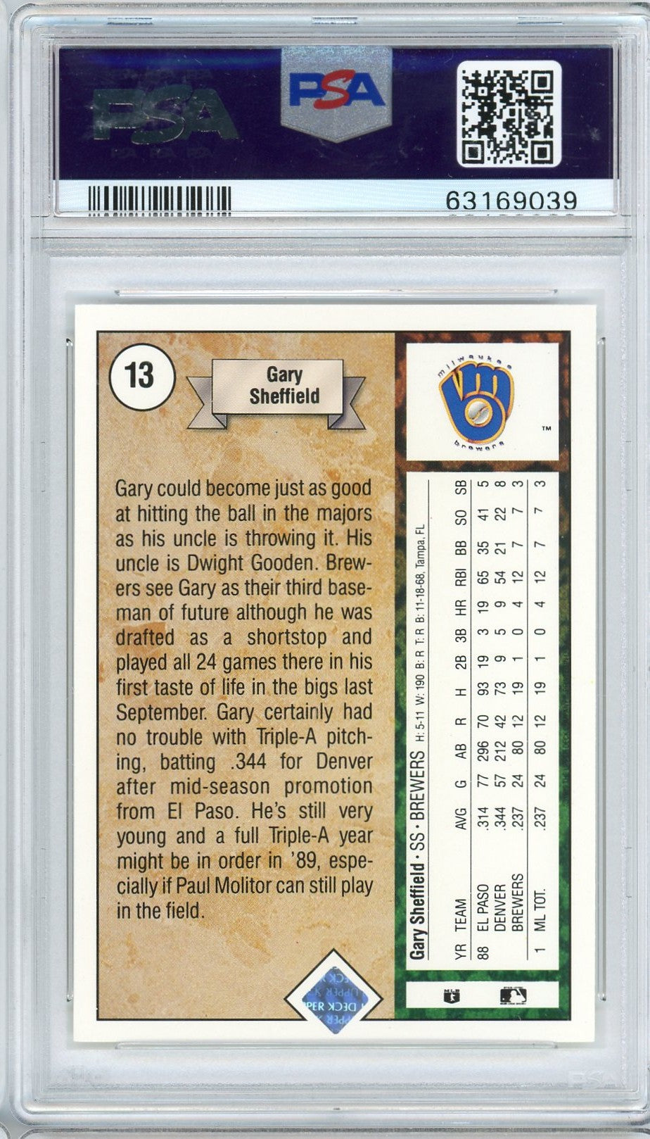 Graded 1989 Upper Deck Star Rookie Gary Sheffield #13 Rookie RC Baseball Card PSA 10 Gem Mint