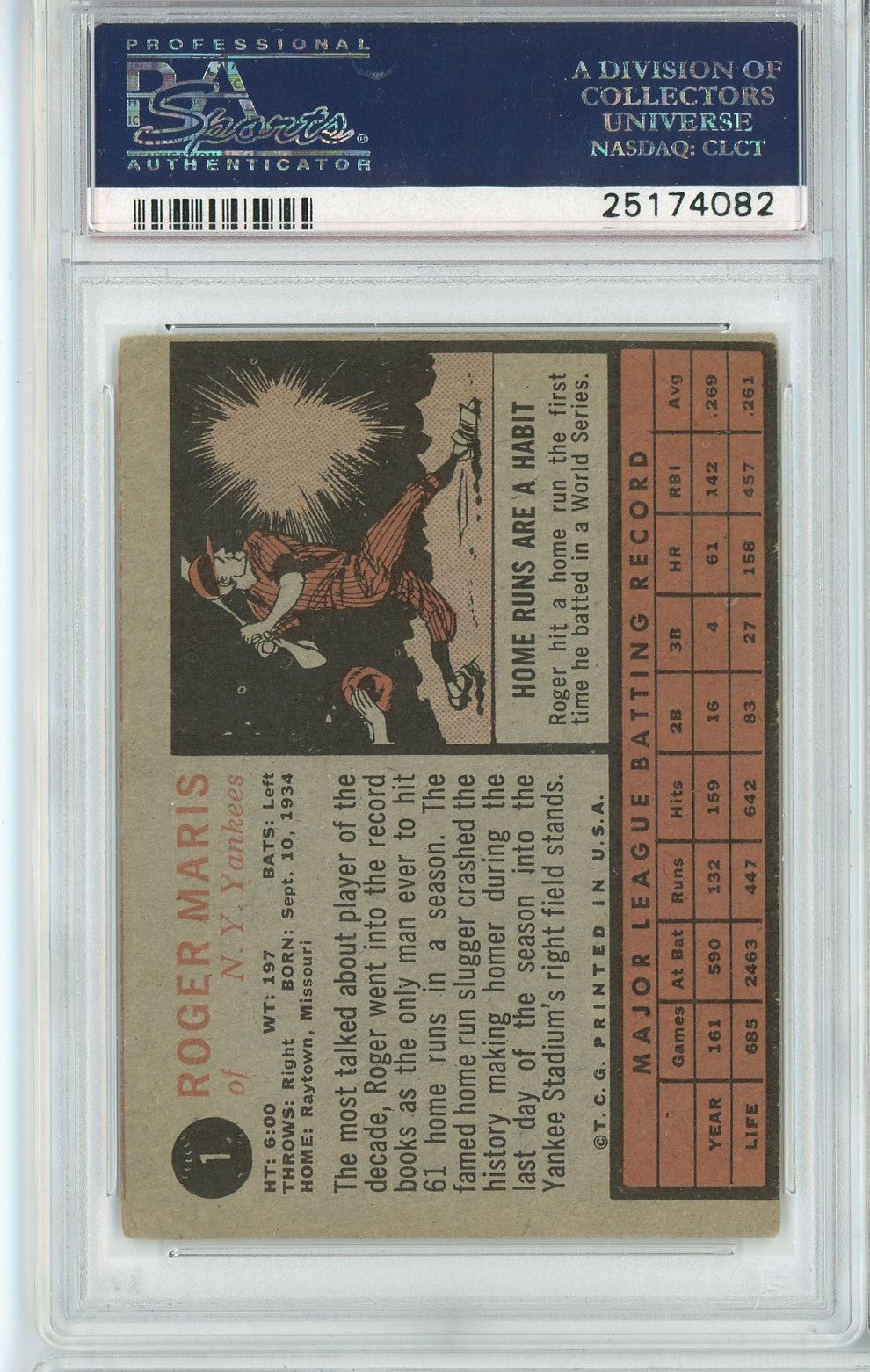 Graded 1962 Topps Roger Maris #1 Baseball Card PSA 3 Very Good
