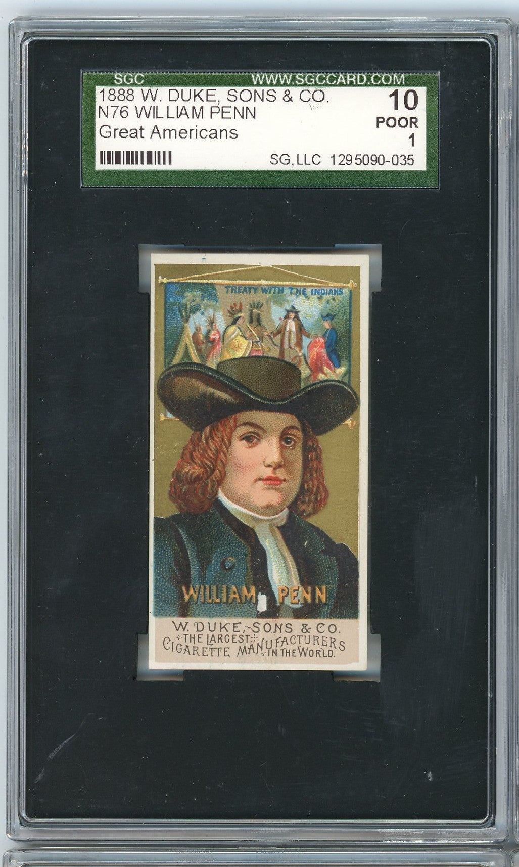Graded 1888 W. Duke, Sons & Co. N76 Great Americans William Penn Baseball Tobacco Card SGC 1