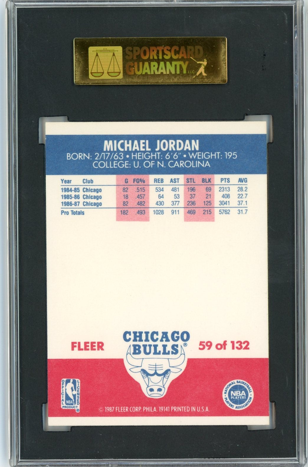 Graded 1987 Fleer Michael Jordan #59 2nd Year Basketball Card SGC 7 Near Mint