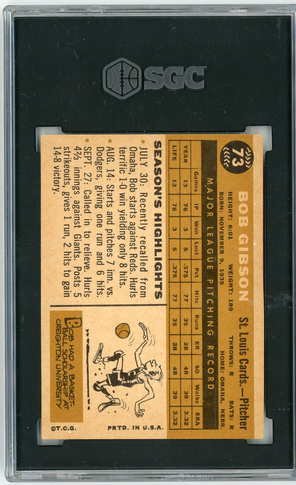 Graded 1960 Topps Bob Gibson #73 Baseball Card SGC 5 Excellent