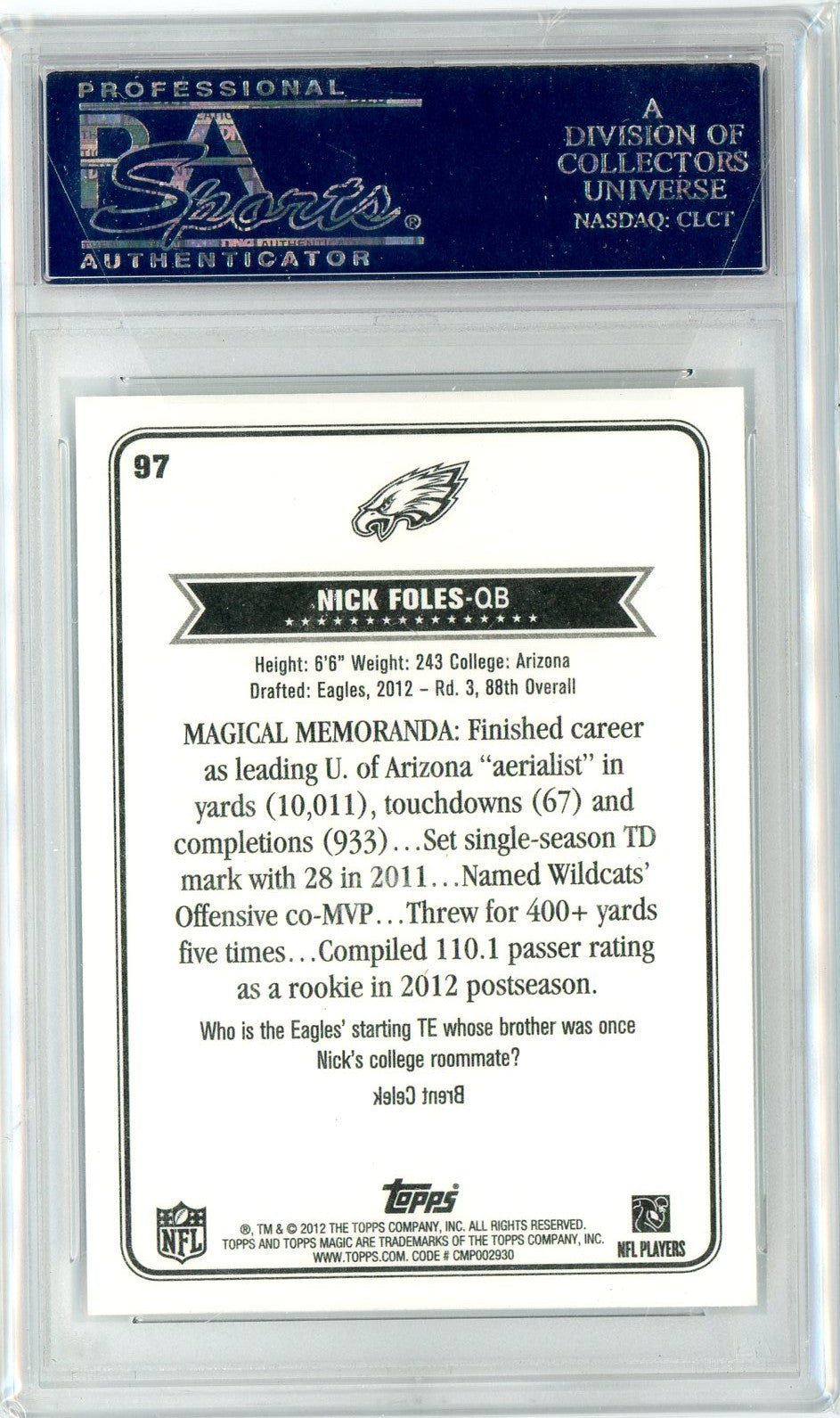 Graded 2012 Topps Magic Nick Foles #97 Rookie RC Football Card PSA 10 Gem Mint - Sport Cards