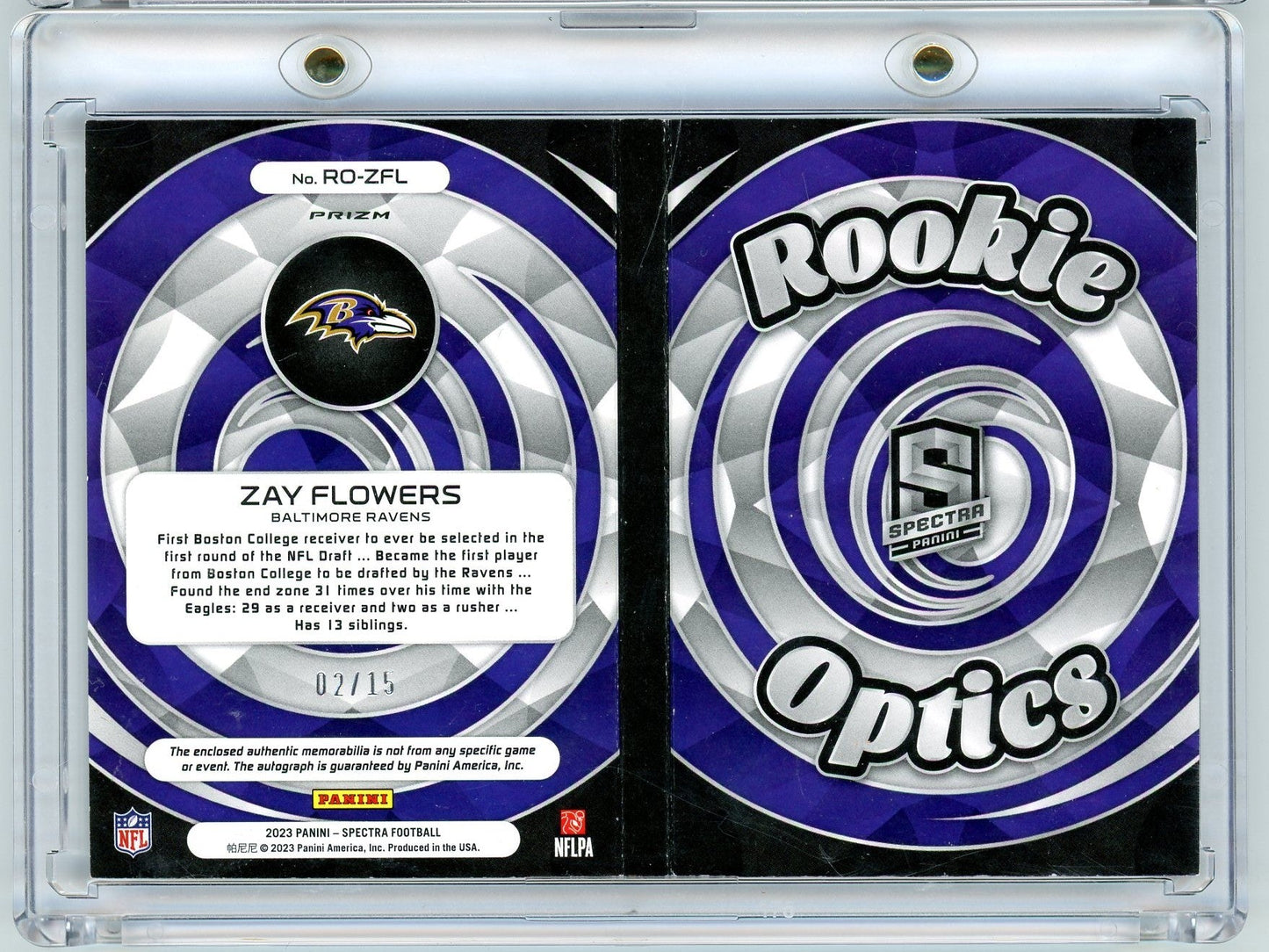 2023 Panini Spectra Rookie Optics Zay Flowers #ROZFL /15 Booklet Auto Rookie RC Football Card