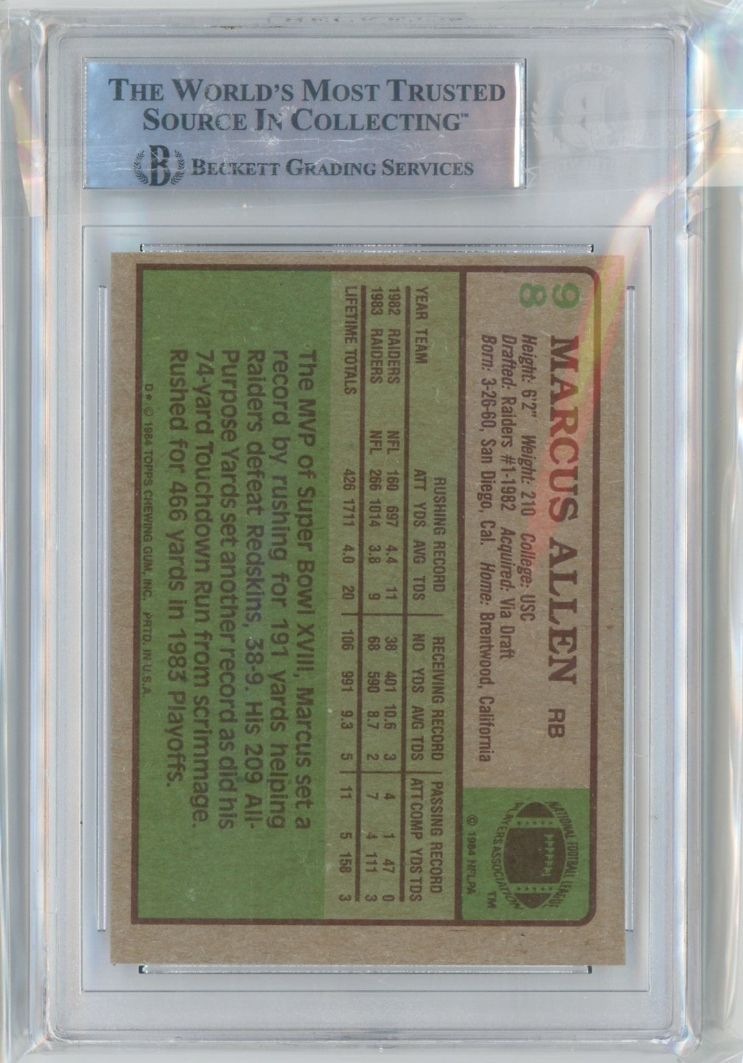 Graded 1984 Topps Marcus Allen #98 2nd Year Football Card BGS Authentic Autograph - Sport Cards