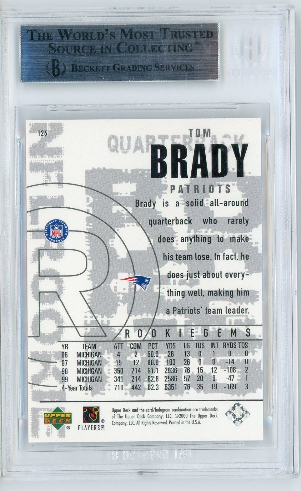 Graded 2000 Upper Deck Black Diamond Tom Brady #126 Rookie RC Football Card BGS 9 Mint