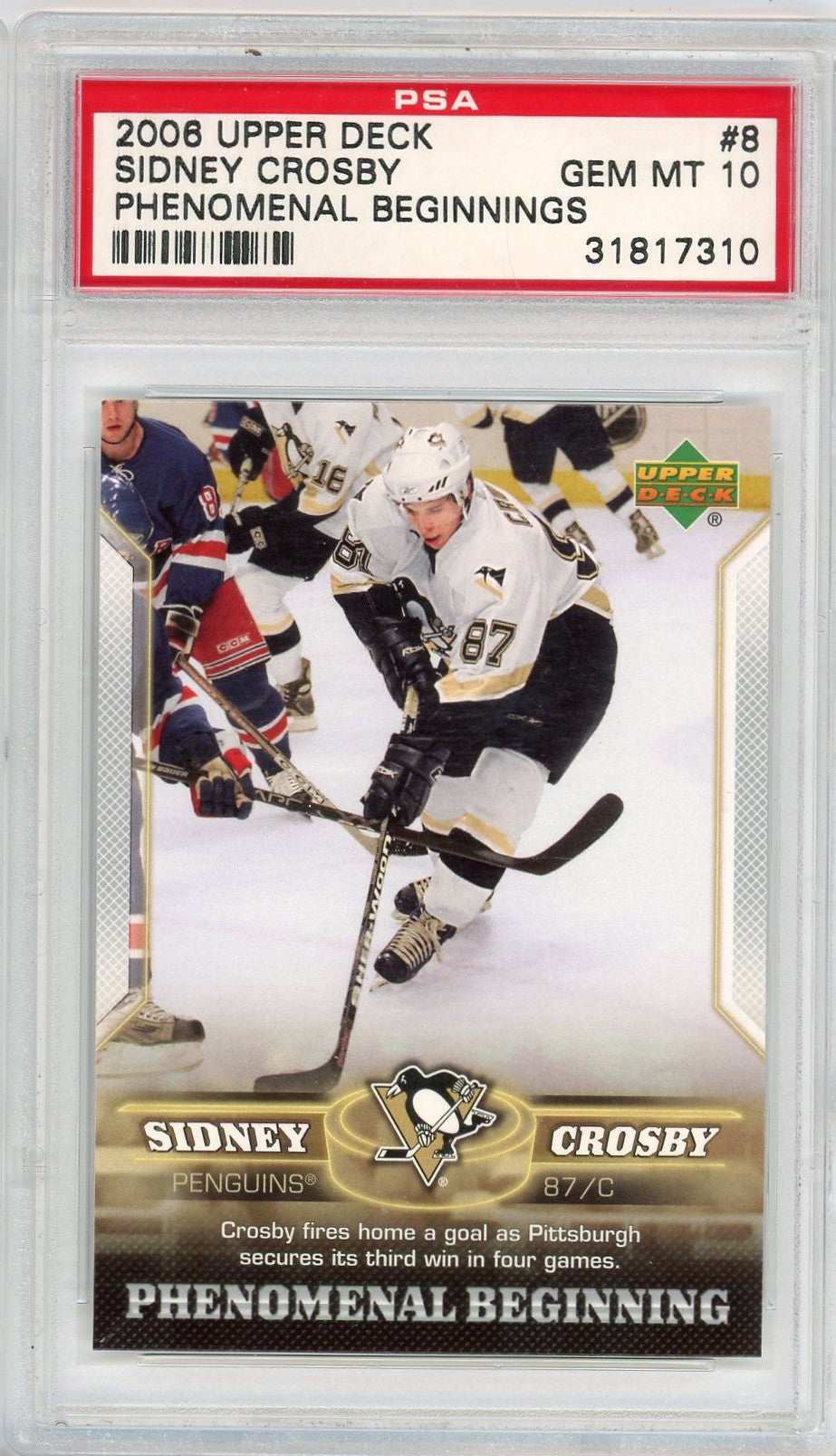Graded 2005-06 Upper Deck Sidney Crosby #8 Phenomenal Beginnings Rookie RC Hockey Card PSA 10 Gem Mint