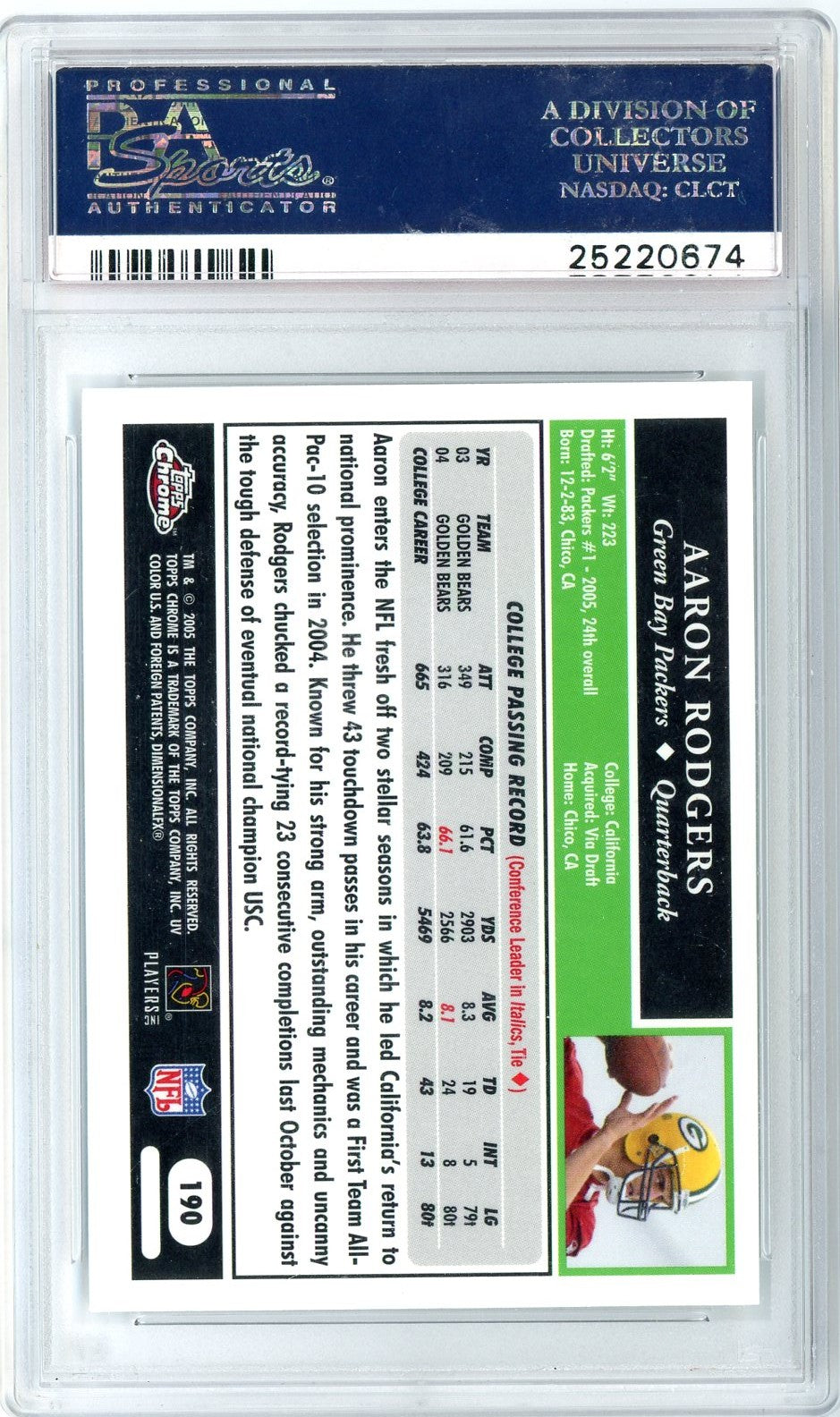 Graded 2005 Topps Chrome Aaron Rodgers #190 Rookie RC Football Card PSA 9 Mint