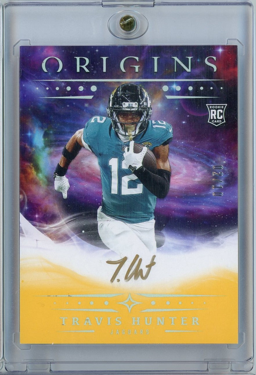 2025 Panini Origins Travis Hunter #RA-THU 02/10 Gold Auto Rookie RC Football Card