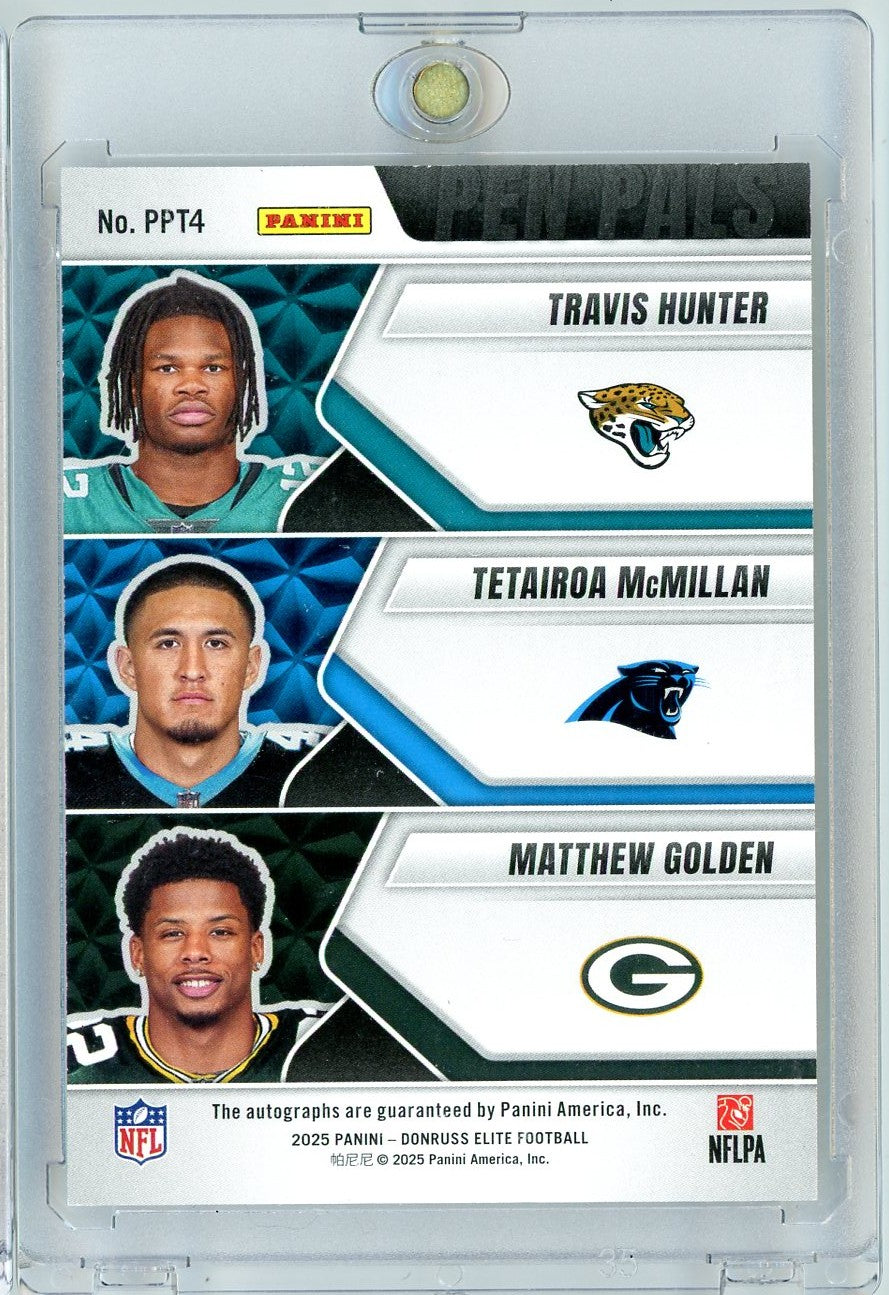 2025 Donruss Elite Pen Pals Travis Hunter/Tetairoa McMillan/Matthew Golden #PPT4 Triple Auto Rookie RC Football Card
