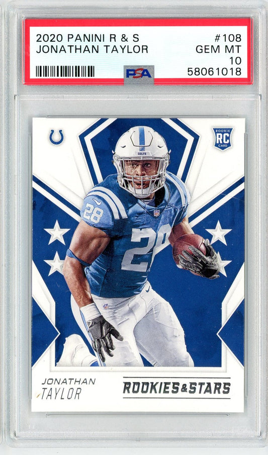 Graded 2020 Panini Rookies & Stars Jonathan Taylor #108 Rookie RC Football Card PSA 10 Gem Mint - Sport Cards