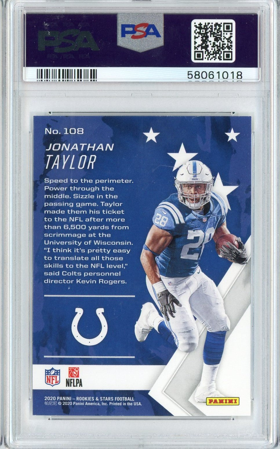 Graded 2020 Panini Rookies & Stars Jonathan Taylor #108 Rookie RC Football Card PSA 10 Gem Mint - Sport Cards