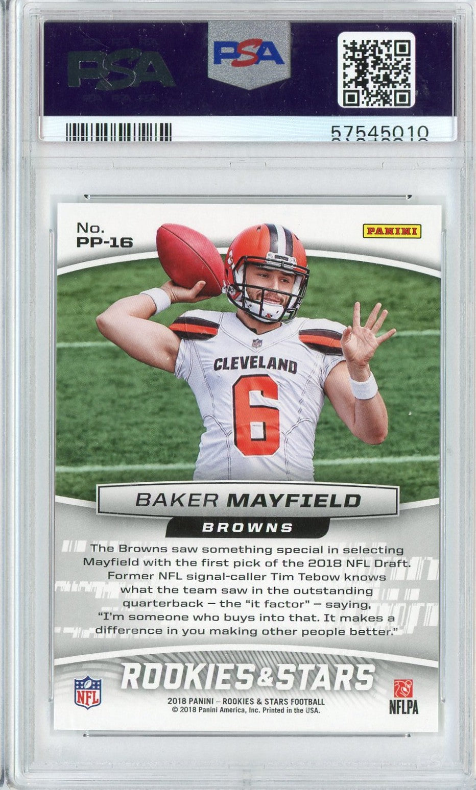 Graded 2018 Panini Rookies & Stars Baker Mayfield #PP16 Precision Passers Rookie RC Football Card PSA 10 Gem Mint - Sport Cards