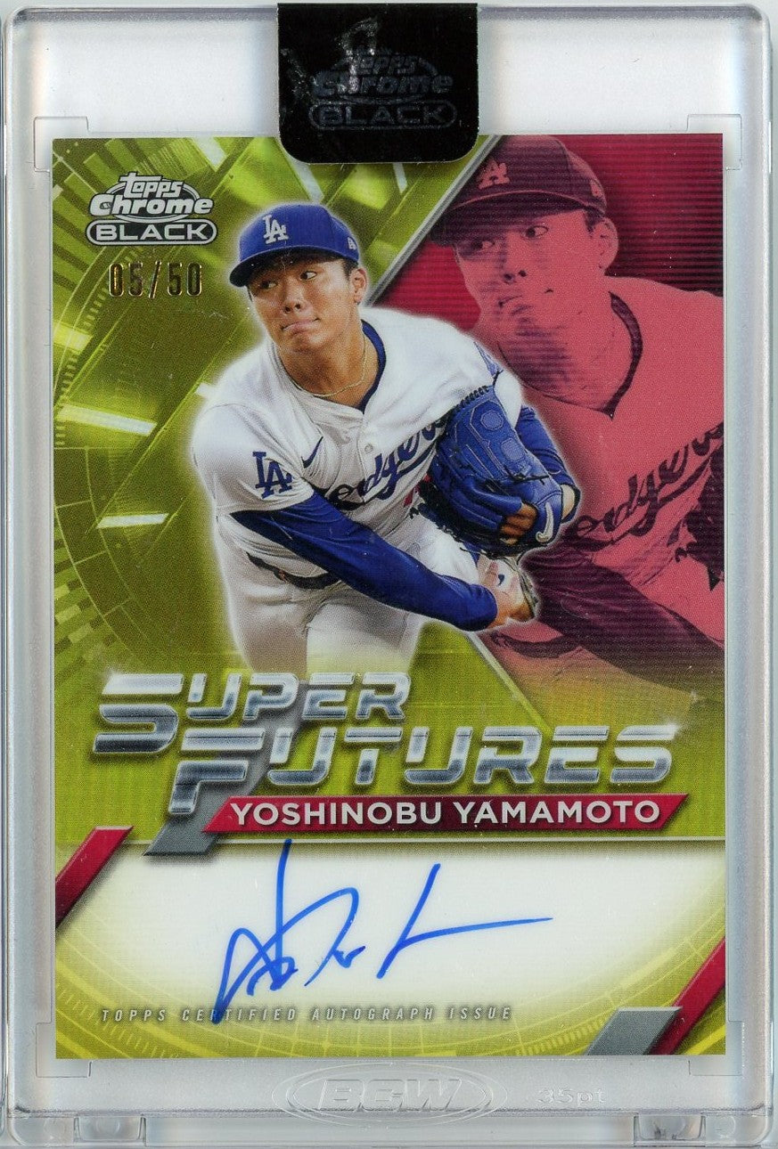 2025 Topps Chrome Black Yoshinobu Yamamoto #FSA-YY /50 Super Futures Gold Auto Los Angeles Dodgers Baseball Card