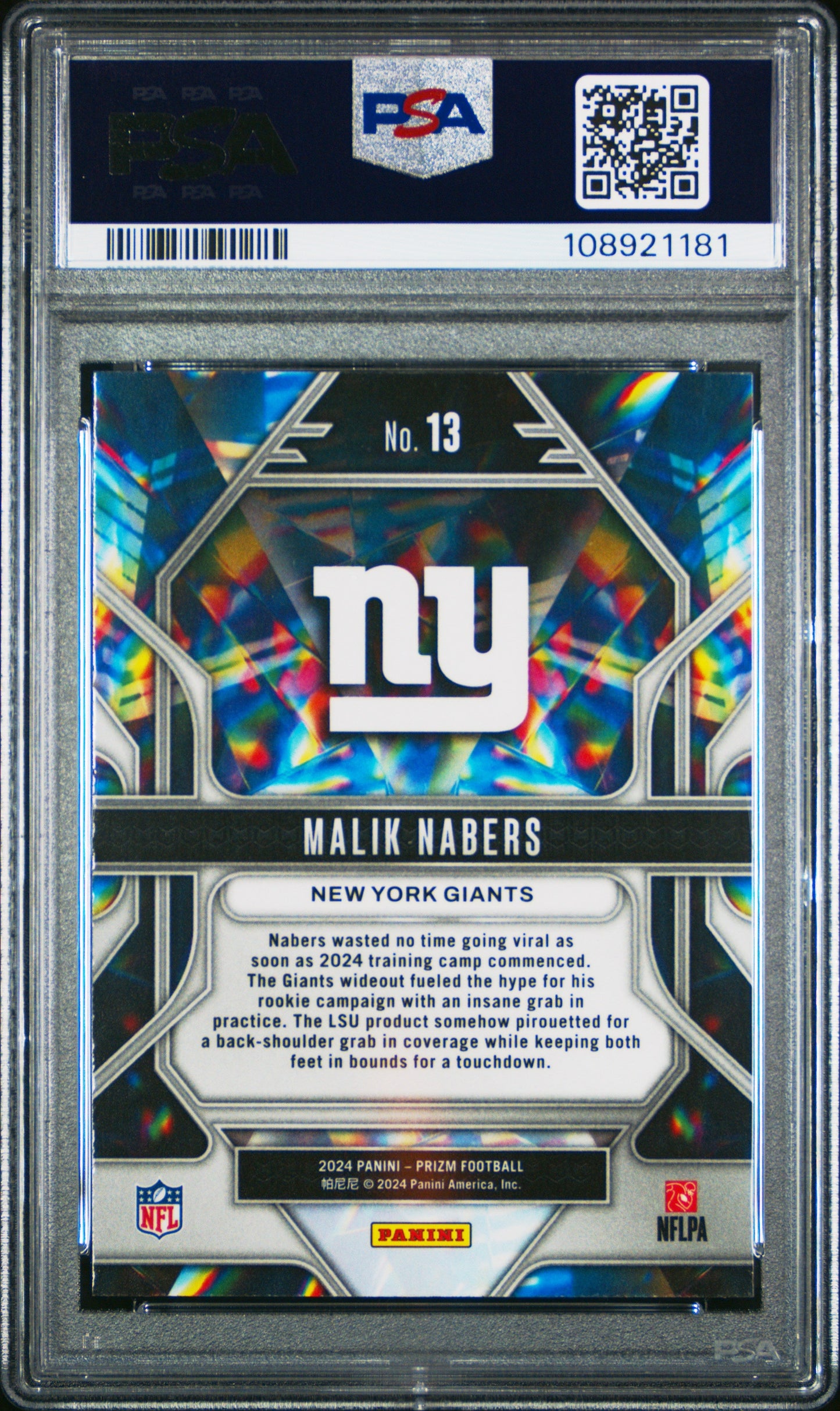 Graded 2024 Panini Prizm Malik Nabers #13 Prizmatic Rookie RC Football Card PSA 10 Gem Mint