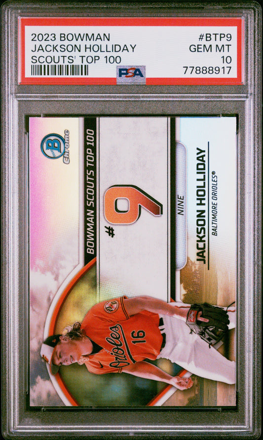 Graded 2023 Topps Bowman Jackson Holliday #BTP9 Scouts Top 100 Rookie RC Baseball Card PSA 10 Gem Mint