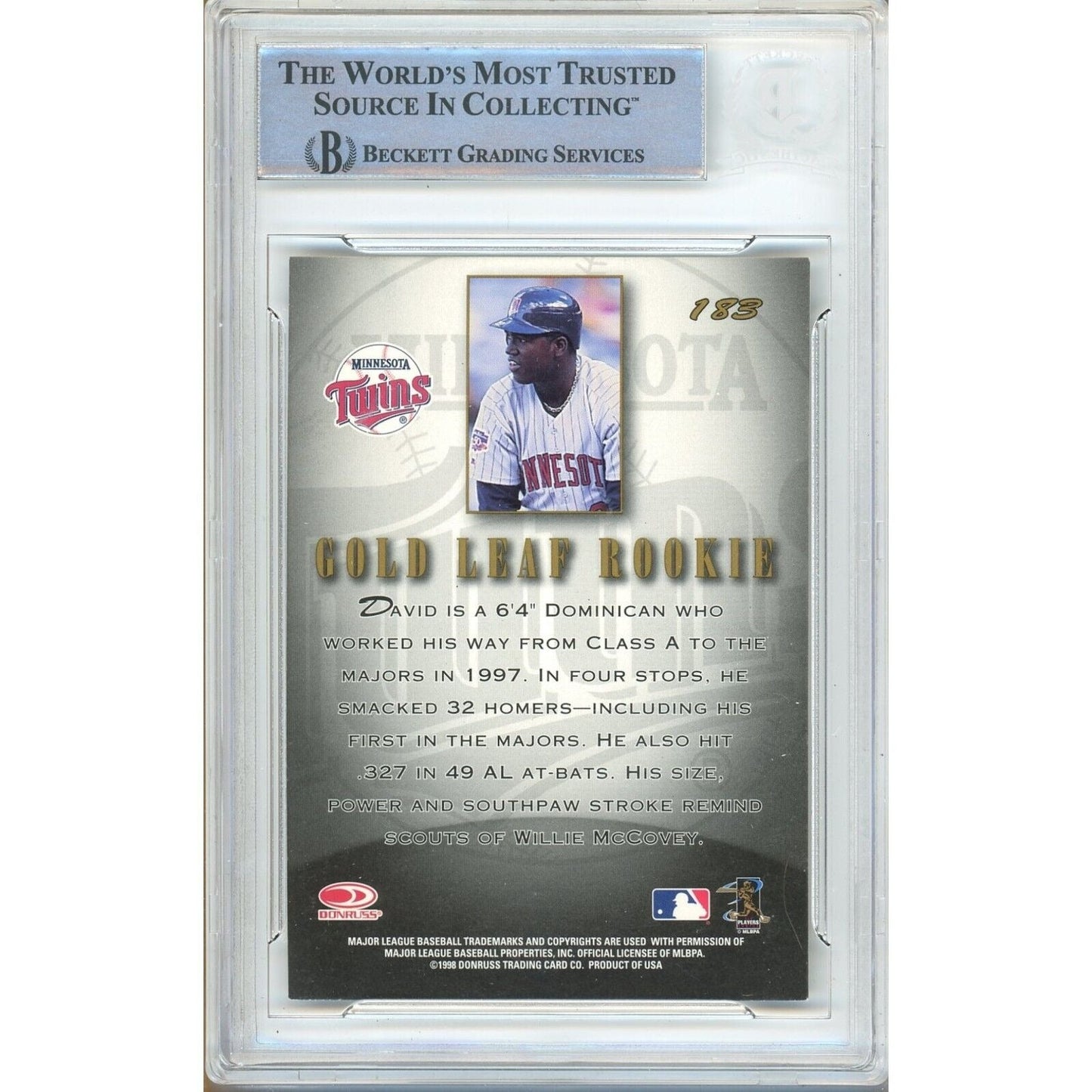 1998 Leaf Gold Rookies #183 — David Ortiz Minnesota Twins Autographed Trading Card — Beckett Authentication