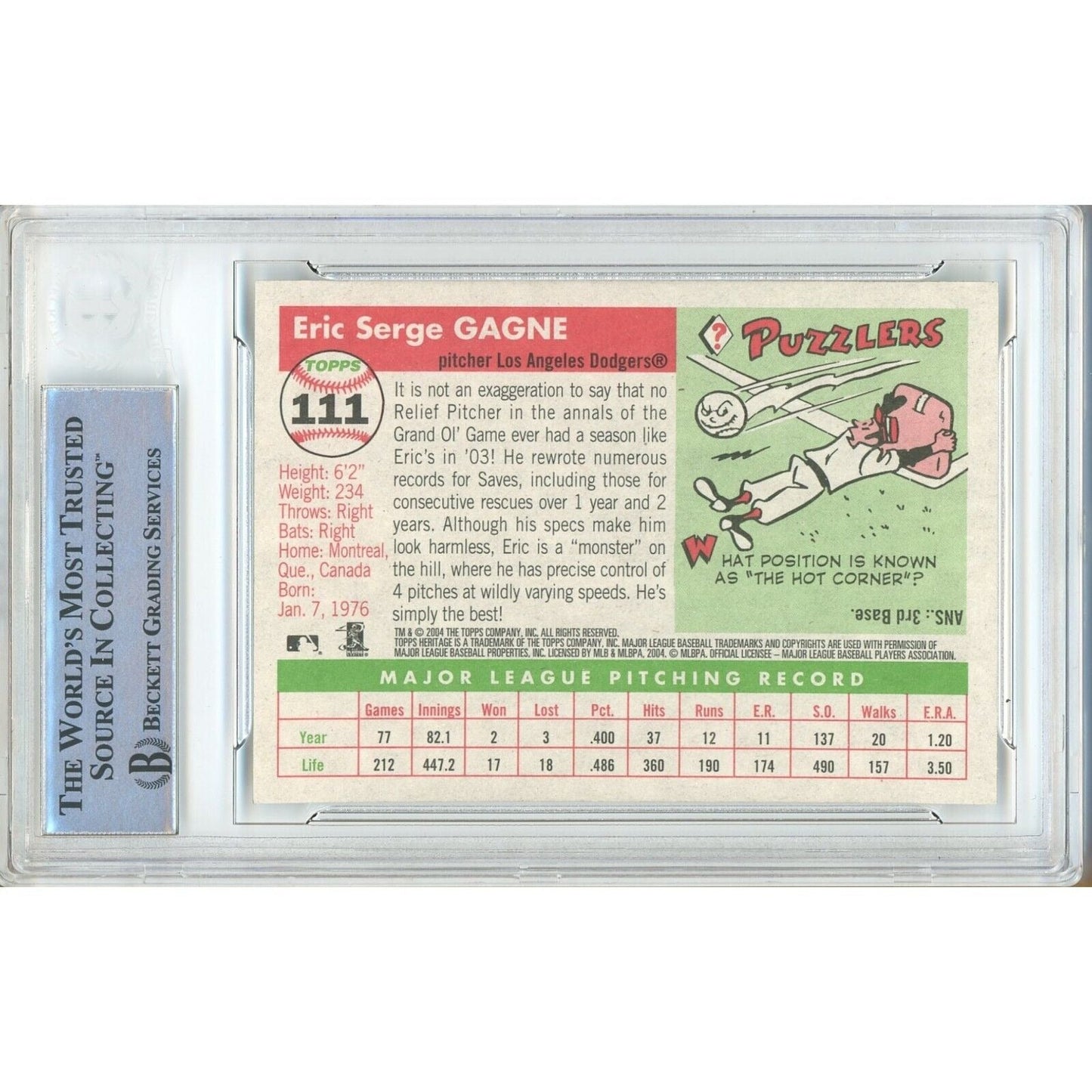 2004 Topps Heritage #111 — Eric Gagne Los Angeles Dodgers Autographed Trading Card — Beckett Authentication