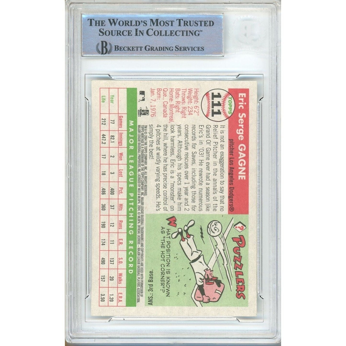 2004 Topps Heritage #111 — Eric Gagne Los Angeles Dodgers Autographed Trading Card — Beckett Authentication