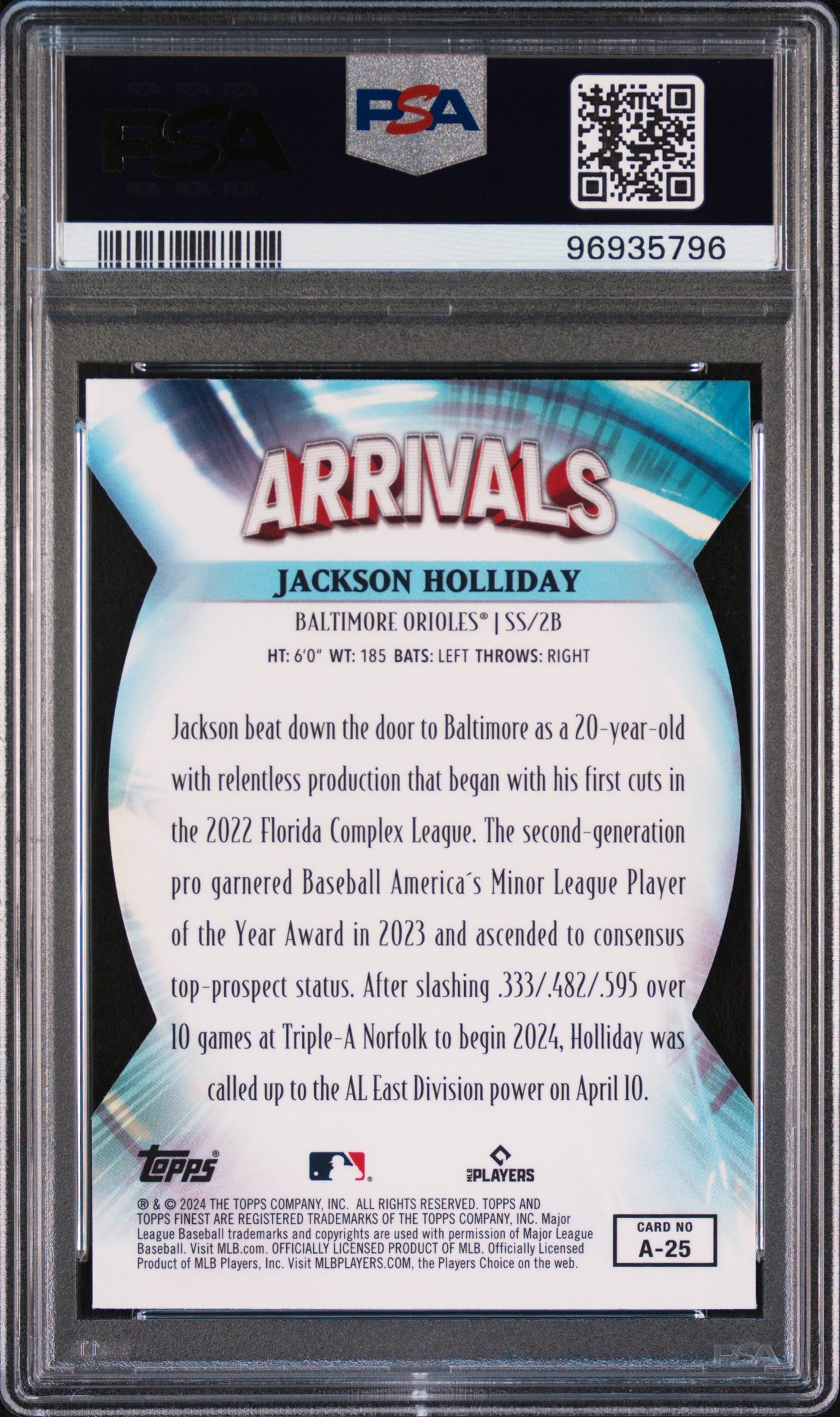Graded 2024 Topps Finest Jackson Holliday #A25 Arrivals Rookie RC Baseball Card PSA 10 Gem Mint