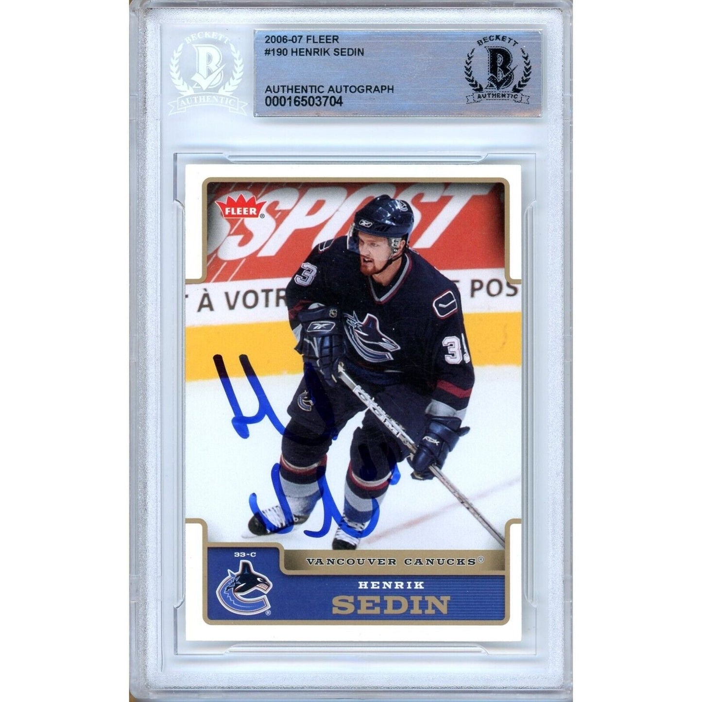 2006-07 Fleer #190 — Henrik Sedin Vancouver Canucks Autographed Trading Card — Beckett Authentication
