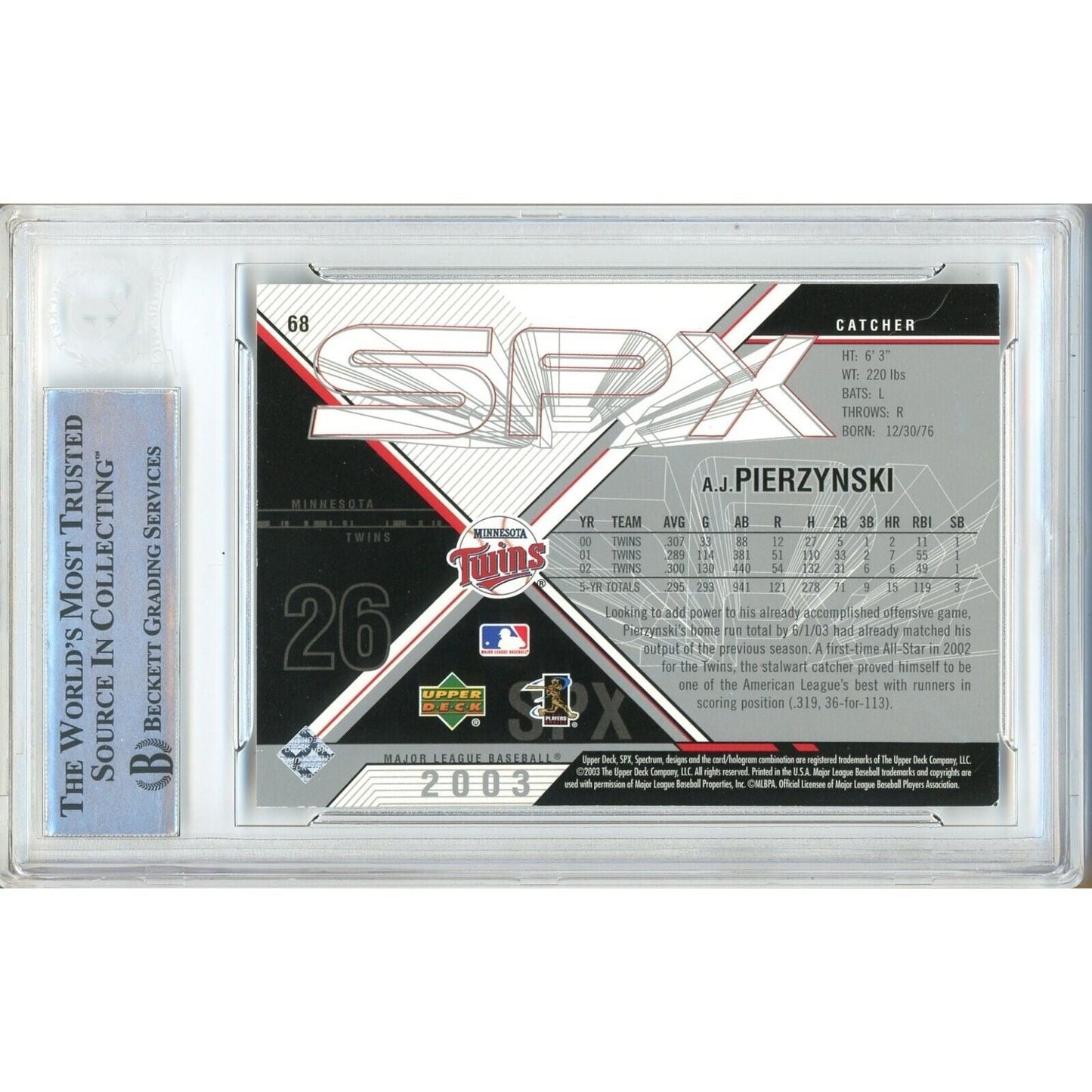 2003 Upper Deck SPx #68 — AJ Pierzynski Minnesota Twins Autographed Trading Card — Beckett Authentication